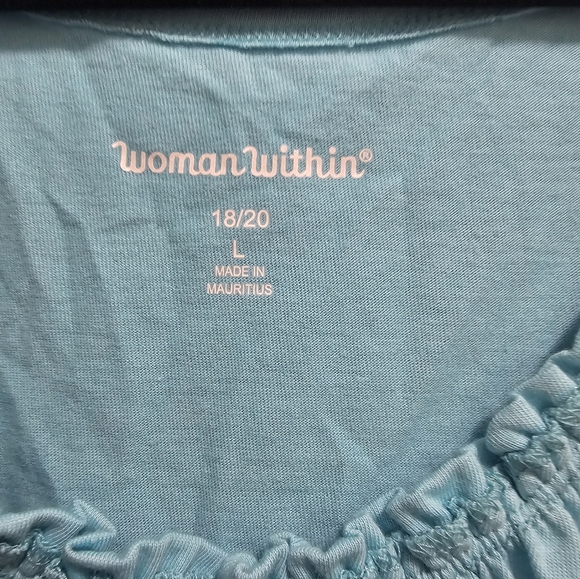 Woman Within Womens Top L 18/20 Plus Tank Blue Cotton Pleated Neck - Picture 2 of 6